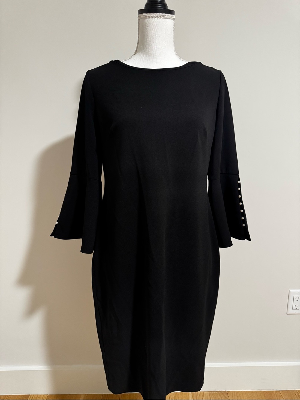 Calvin Klein Black Bell Sleeve Sheath Dress with Pearl Detail - Size 12